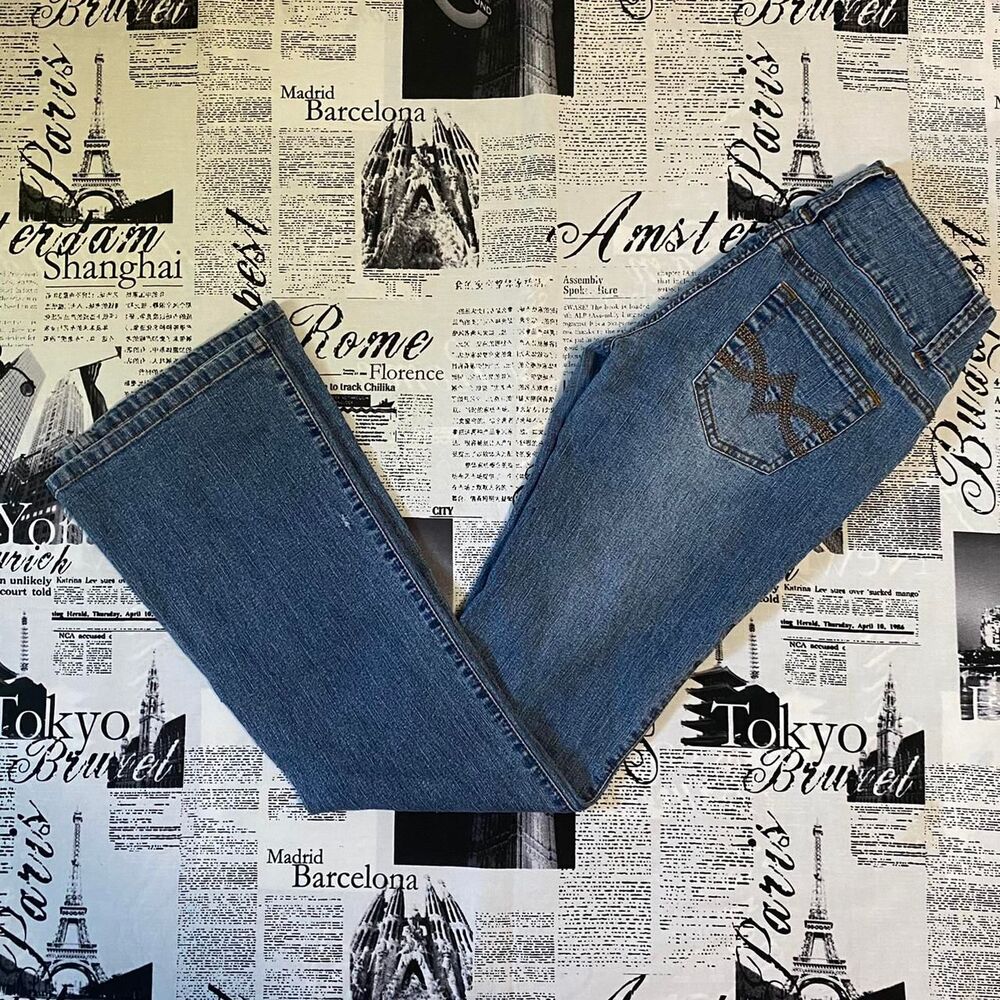 One Tuff Babe Women's mid wash y2k vintage low rise flared jeans wrap waist